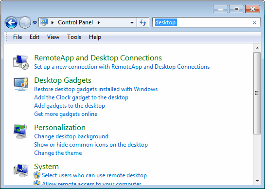 control panel search