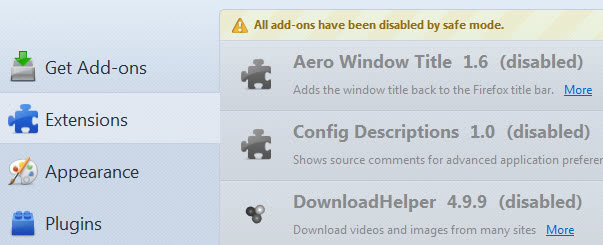safe mode disable addons
