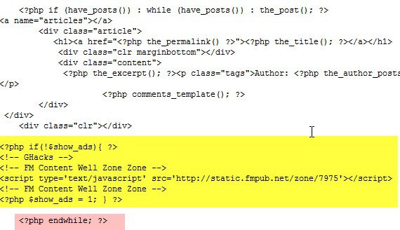 wordpress index display ads