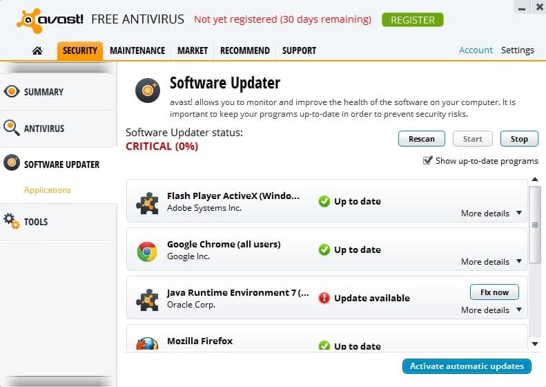 avast software updater screenshot