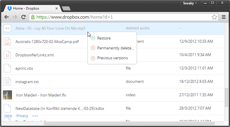 dropbox restore deleted files