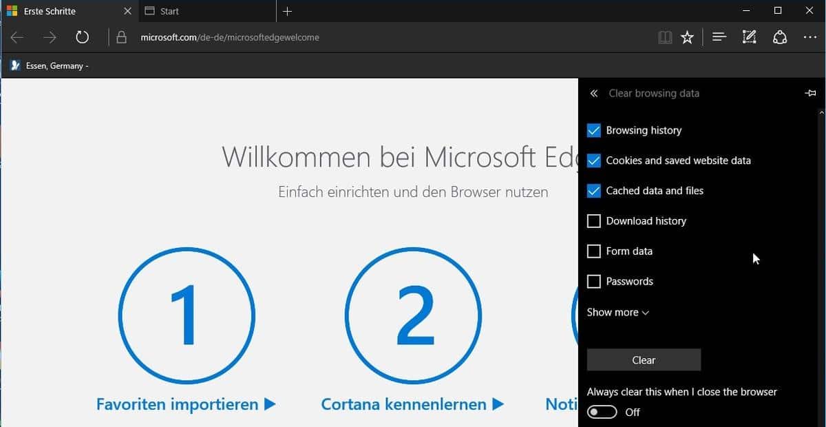 microsoft edge clear on exit