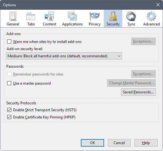 pale moon add-on security level