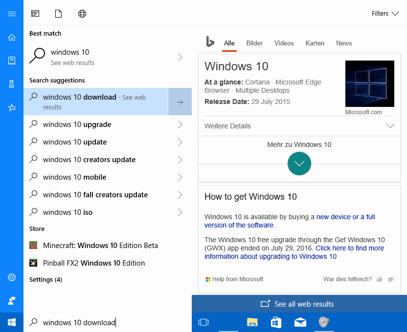 cortana web search results