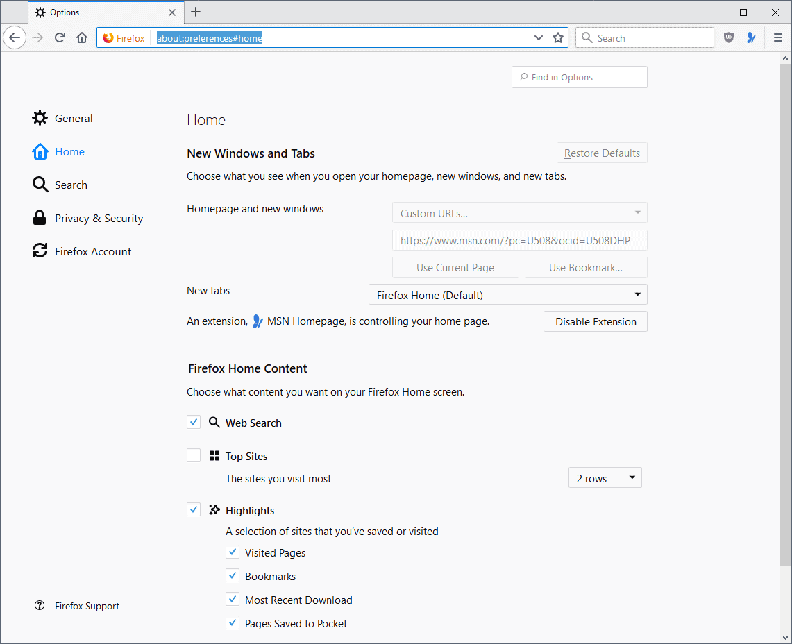 about:preferences home