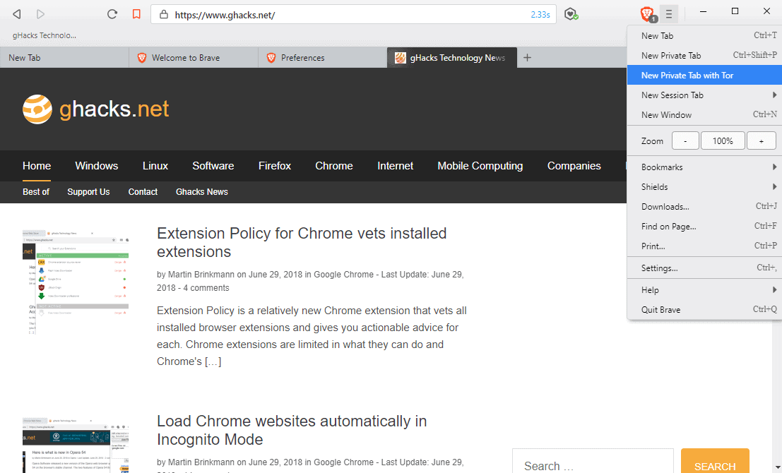 brave private tab with tor
