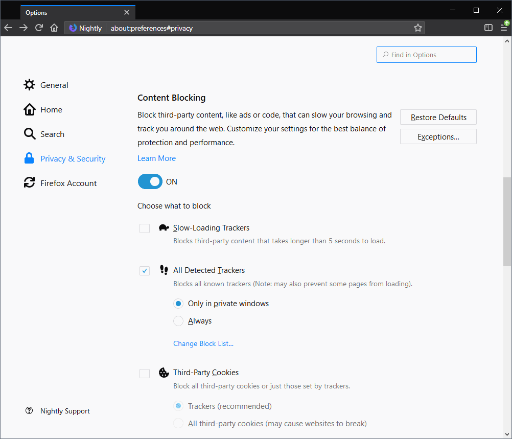 firefox content blocking options