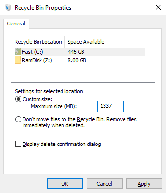 Set a custom Recycle Bin size on Windows