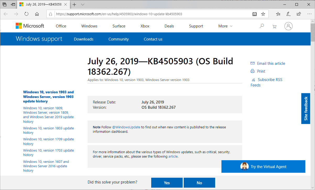 KB4505903 windows 10 version 1903
