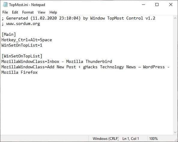 Windows Topmost Control settings