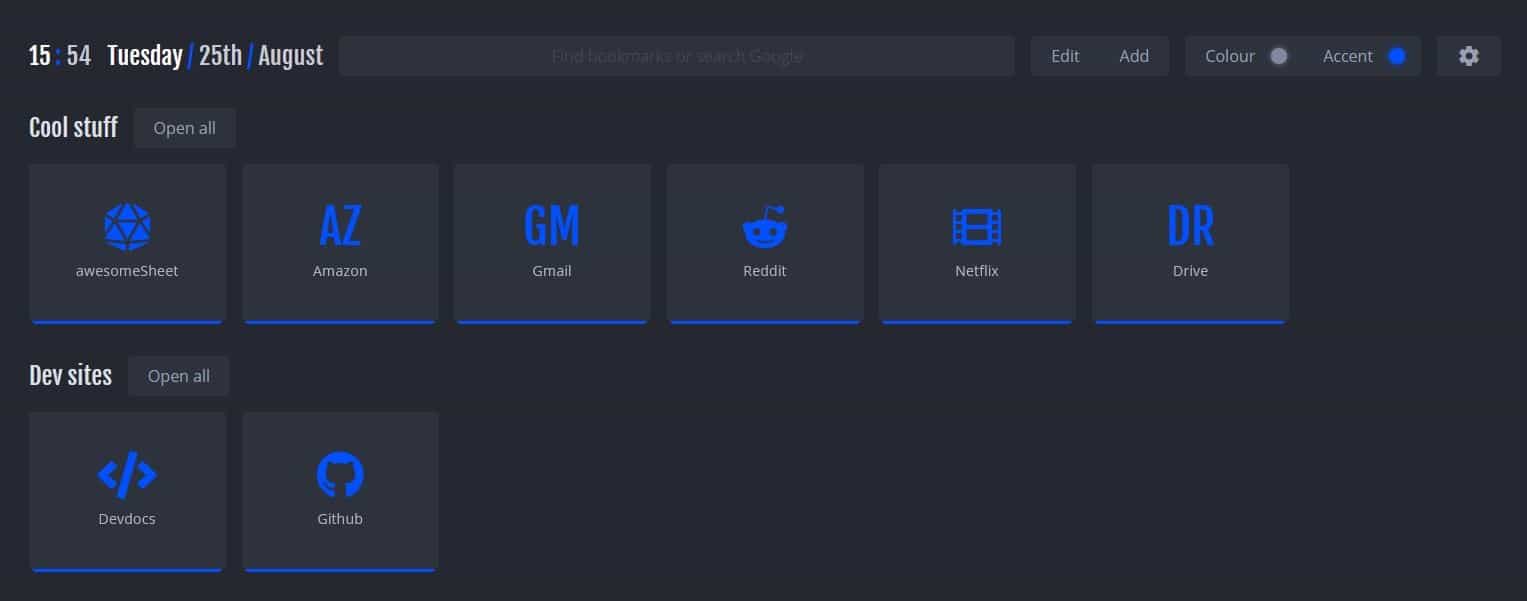 NightTab default settings