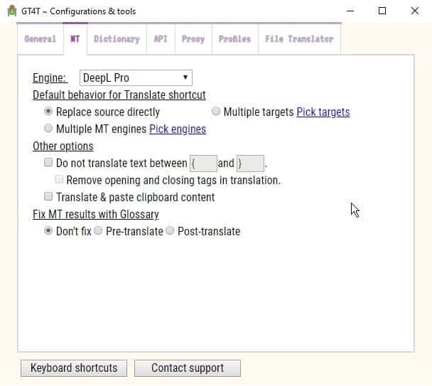 GT4T Machine Translations MT tab
