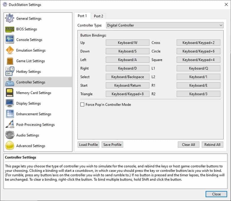 Duckstation keyboard control settings
