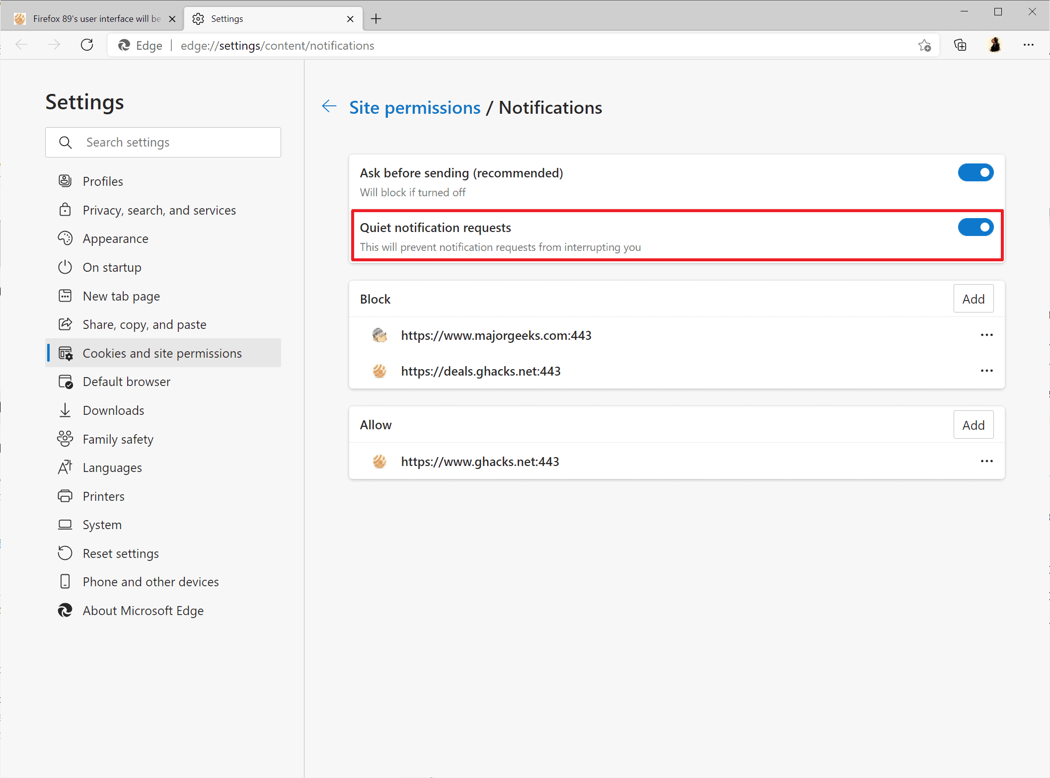 edge quiet notification requests