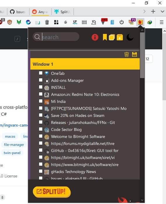 Move tabs between windows, detach tabs, save your browsing session with the SplitUP extension for Firefox and Chrome