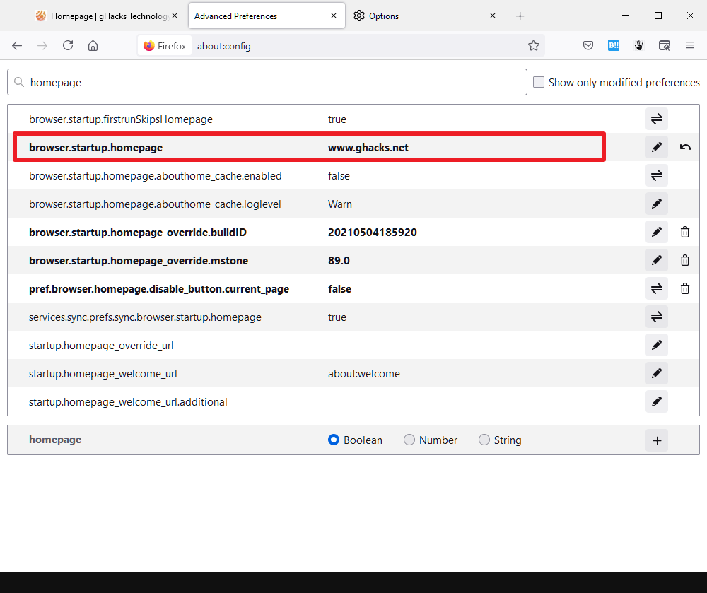 firefox change homepage