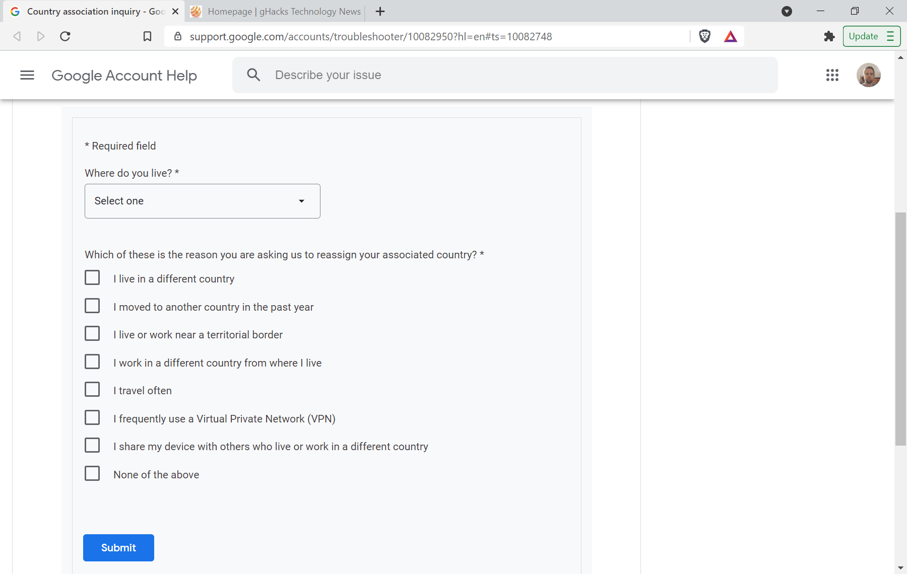 google change associated country