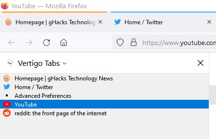 Vertigo Tabs interface