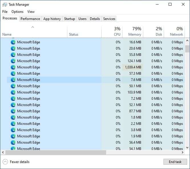 Windows 10 Microsoft Edge processes