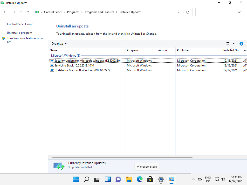 windows 11 control panel installed updates