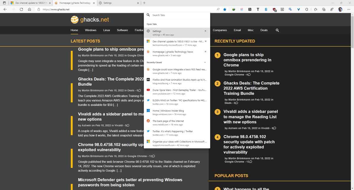 Microsoft Edge Dev Channel update lets you search through open tabs quickly