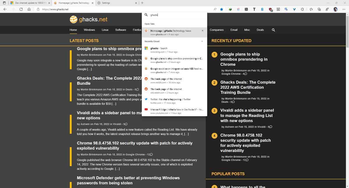 Microsoft Edge search open tabs