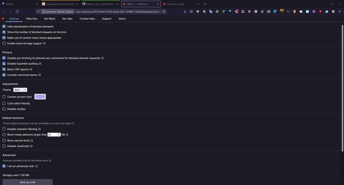 ublock origin dark mode interface