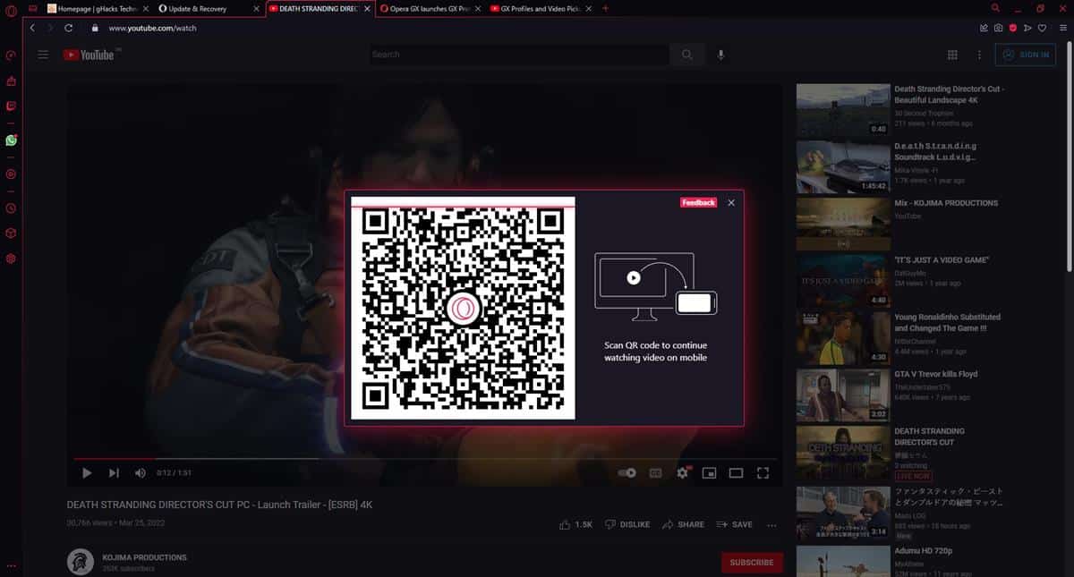 Opera GX introduces Video Pickup to sync video timestamps