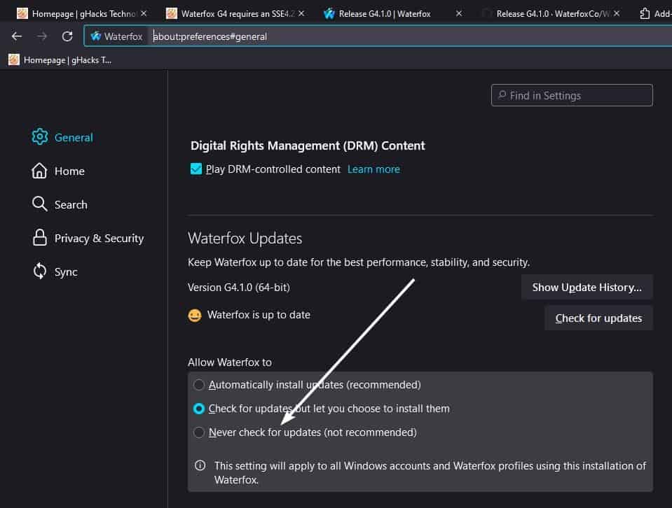 Disable Automatic Updates for Waterfox