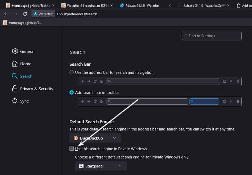 How to change the default Private Search Engine in Waterfox