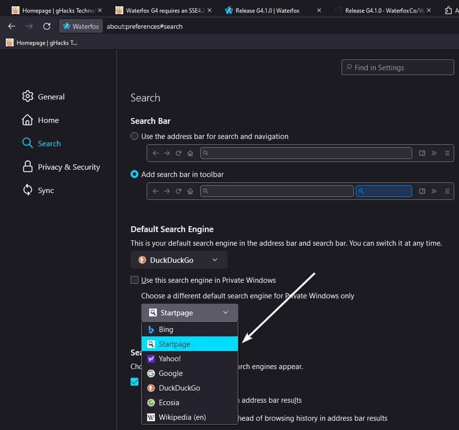 How to set the default Private Search Engine in Waterfox