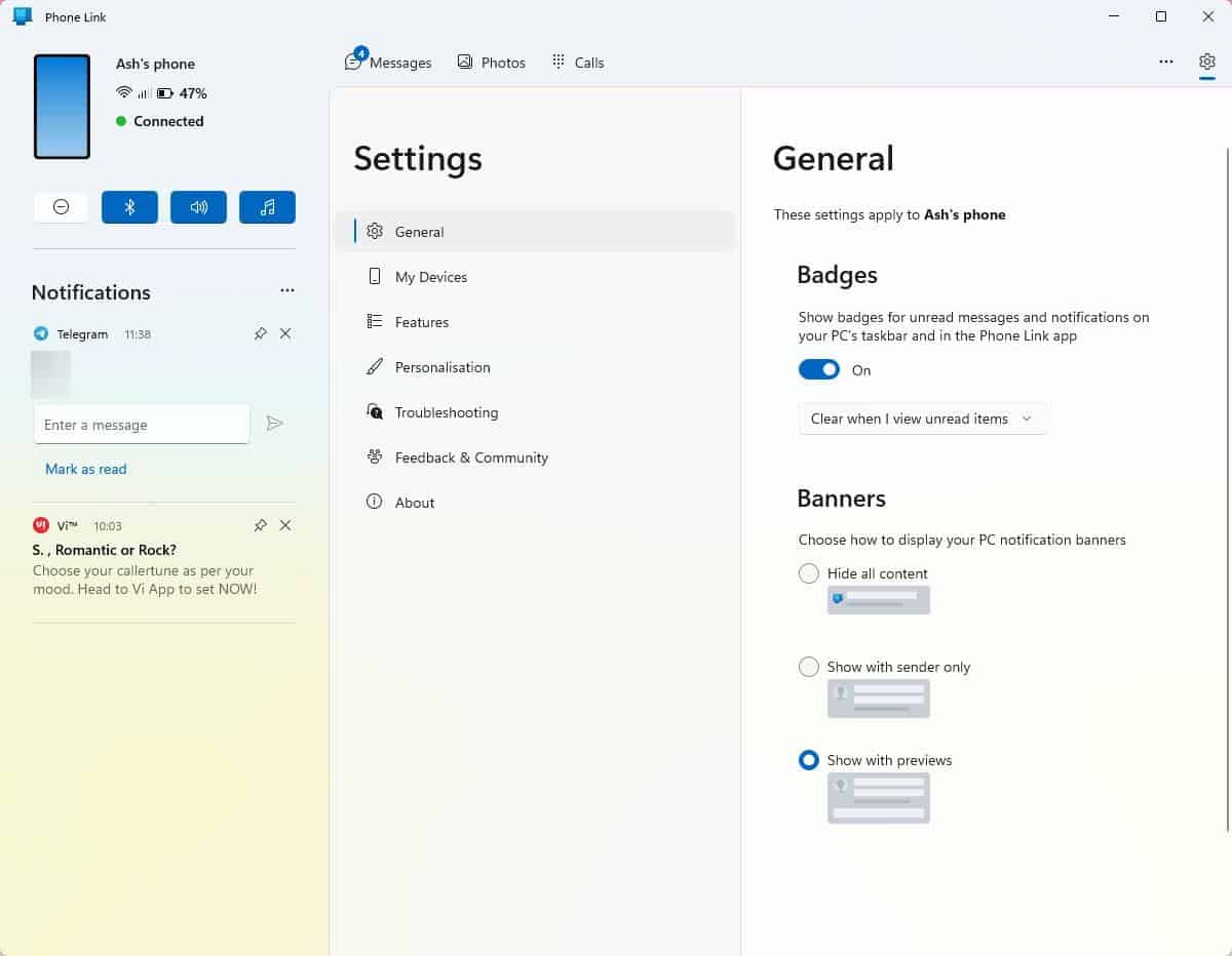 Microsoft Phone Link app - General Settings