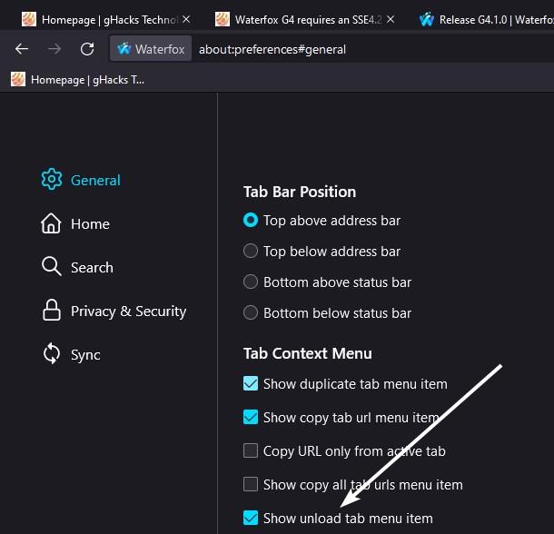 Tab Unloading in Waterfox G4