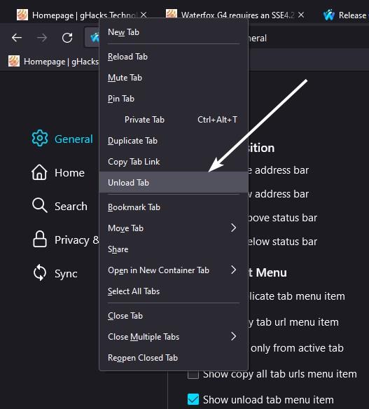 Tab Unloading in Waterfox menu