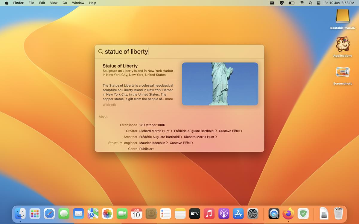 macOS Ventura spotlight rich result information