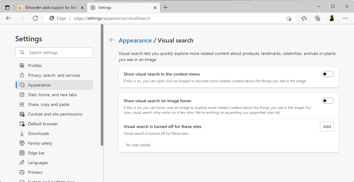 visual search turned off edge