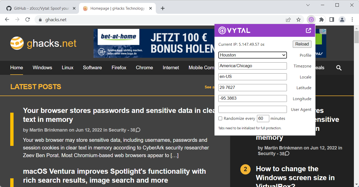 vytal spoof location user agent