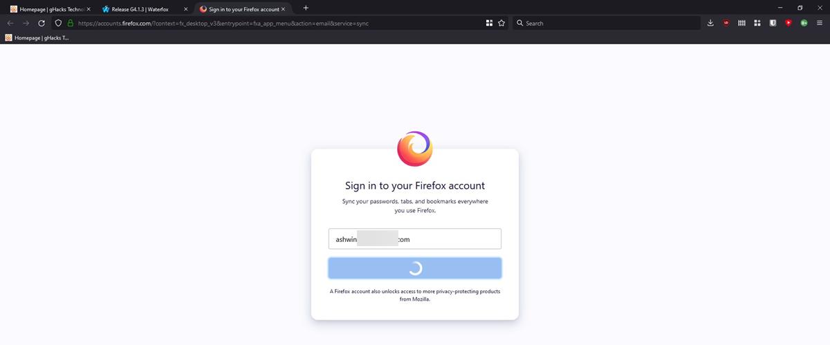 waterfox firefox sync sign in issue