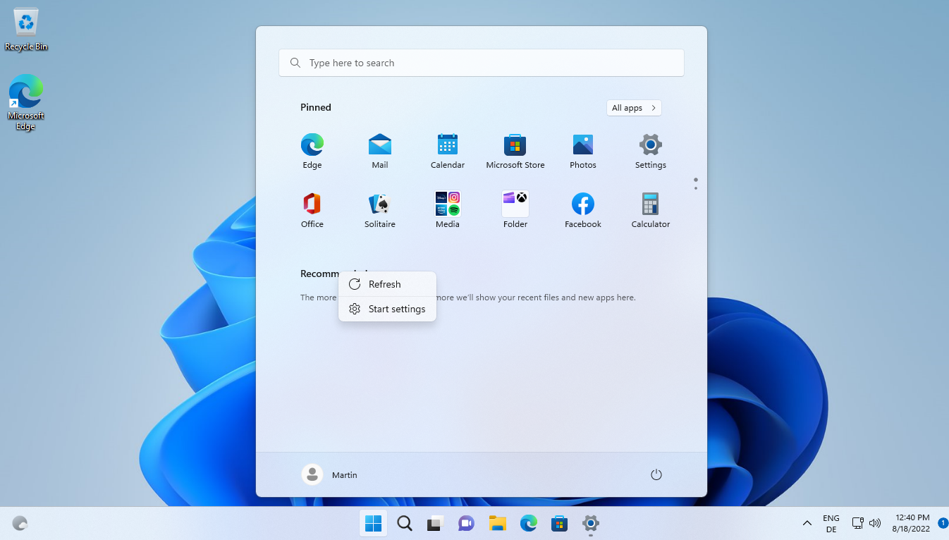 start menu context menu