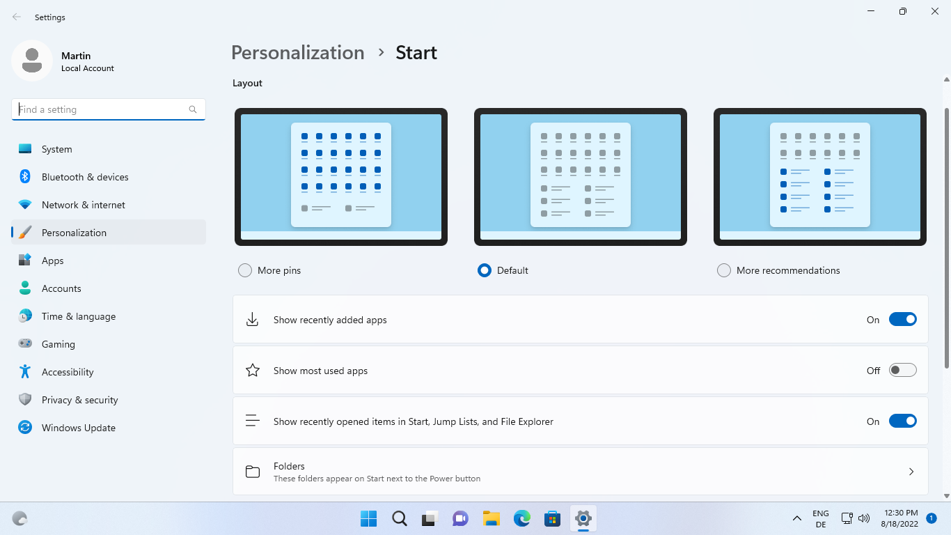 windows 11 start menu layouts