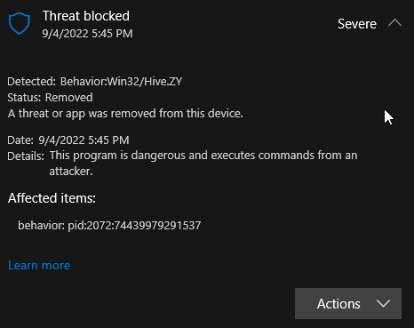 Windows Defender Win32 Hive.ZY false positive