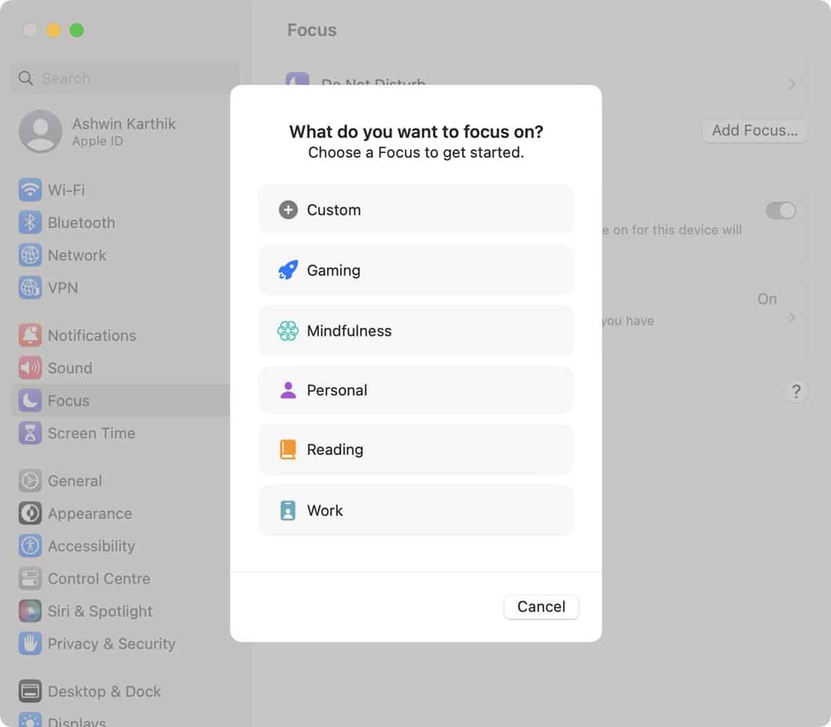 macOS 13 focus settings