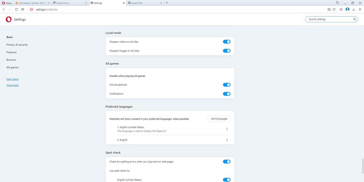 Opera browser Lucid Mode settings