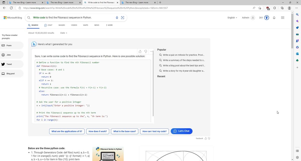 Microsoft Bing search with AI chat