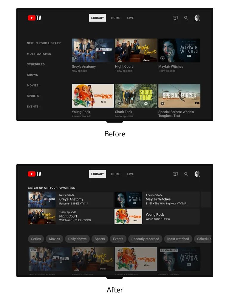 YouTube TV Live Guide before vs after comparison