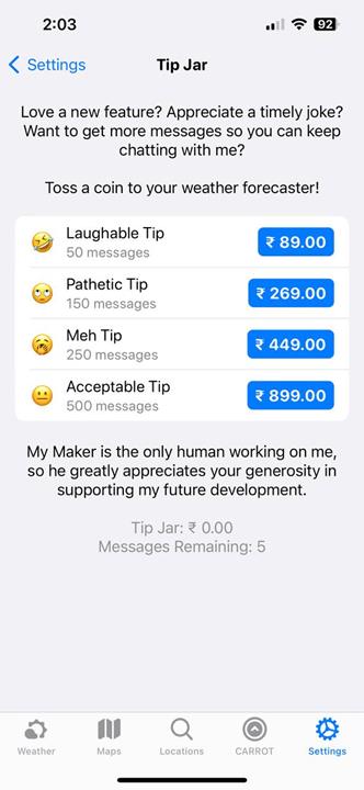 carrot weather chatbot is not free to use