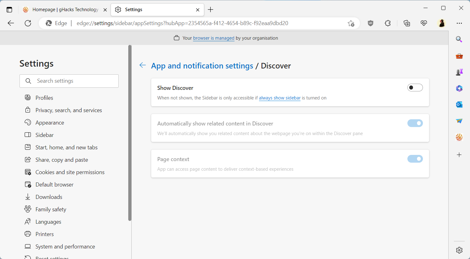 microsoft edge show discover-switch