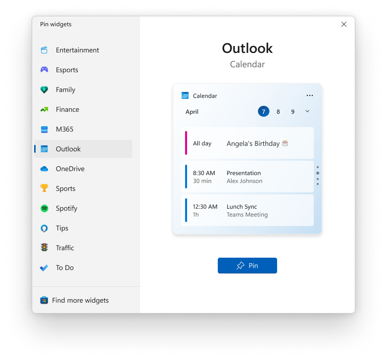 Widget Picker preview in Windows 11