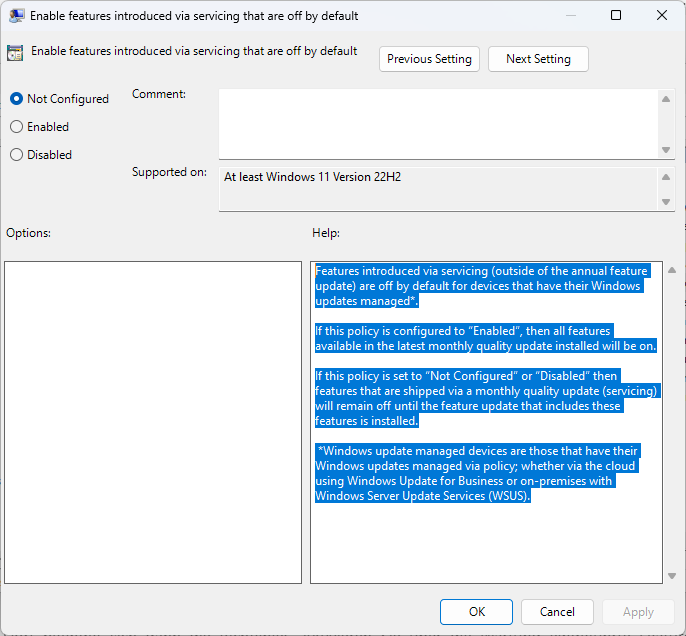 enable features introduced via servicing that are off by default