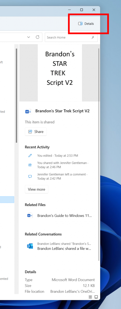 new details pane in Windows 11 file explorer